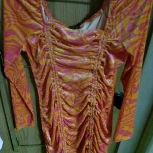 Vibrant Orange and Pink Ruched Women's Top